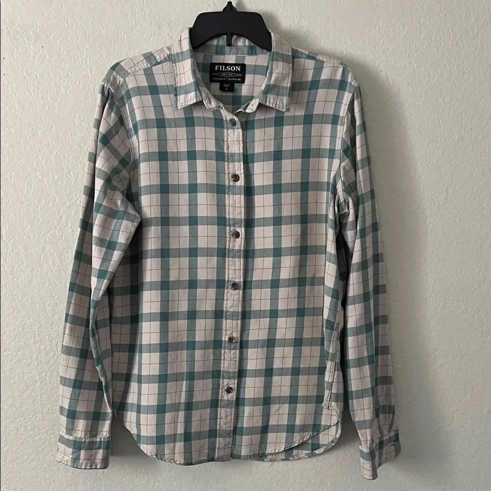 Like New! FILSON Flannel Shirt Cream Turquoise Plaid in Size XL
